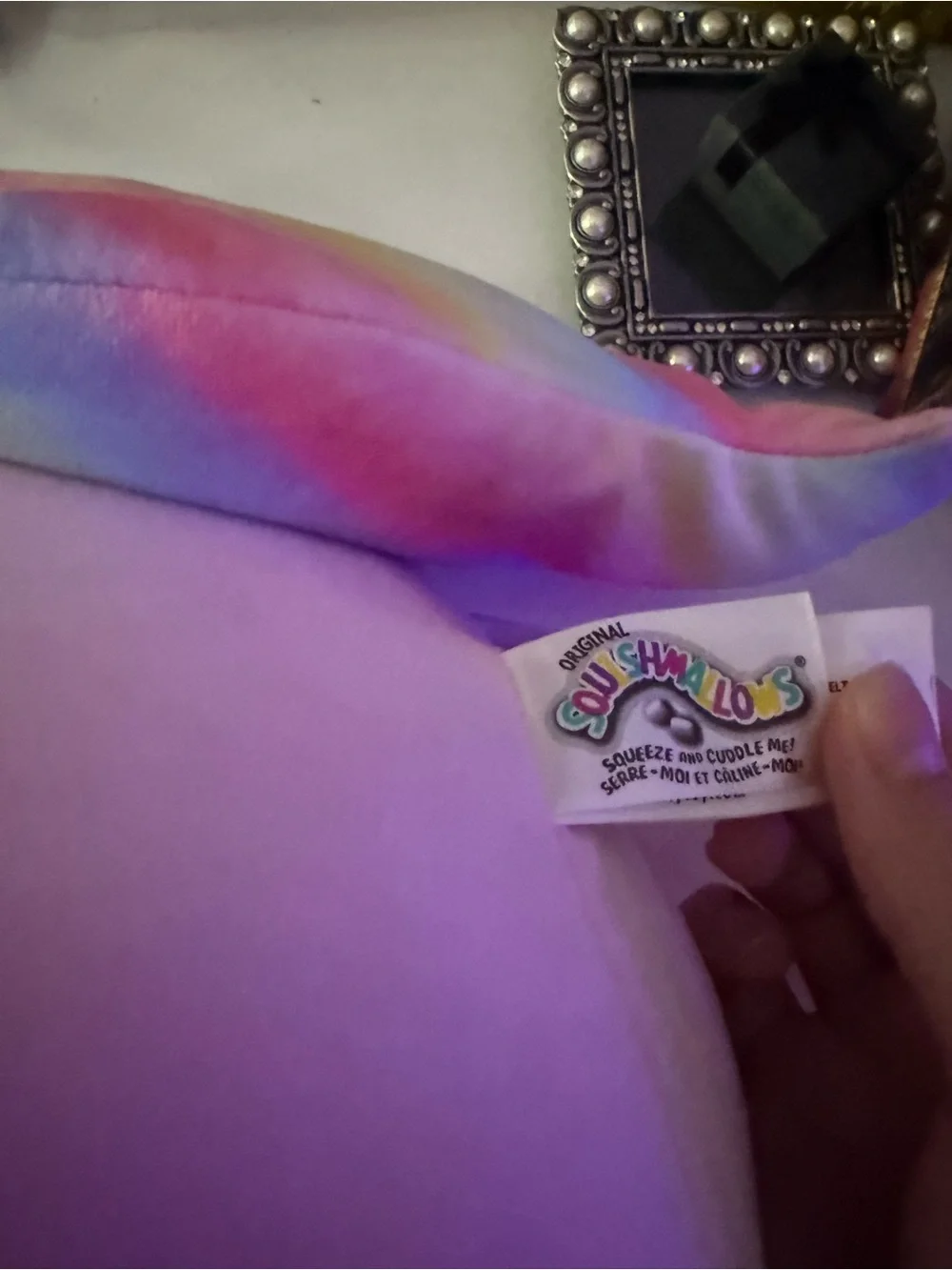 Squishmallows Pink Unicorn Cat Pillow with Rainbow Belly